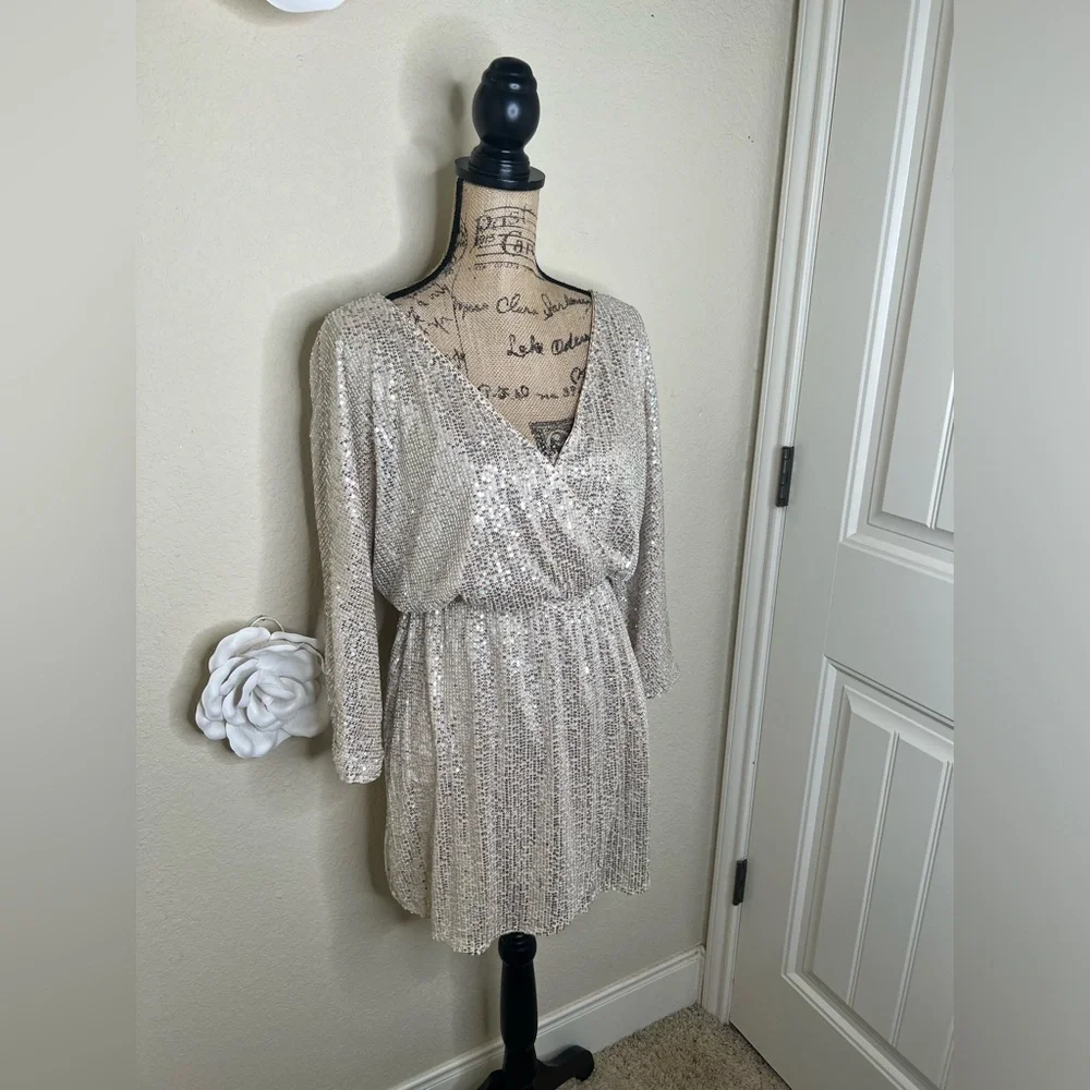 NTM: Silver Sequin Mini Dress Surplice V-Neck Long Sleeve Cocktail Holiday Glam - Picture 6 of 16
